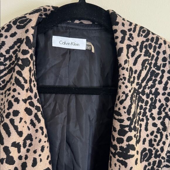 Calvin Klein Leopard Print Drape Jacket Cardigan Sweater Ruffle Black Tan Sz 14 - Picture 2 of 5